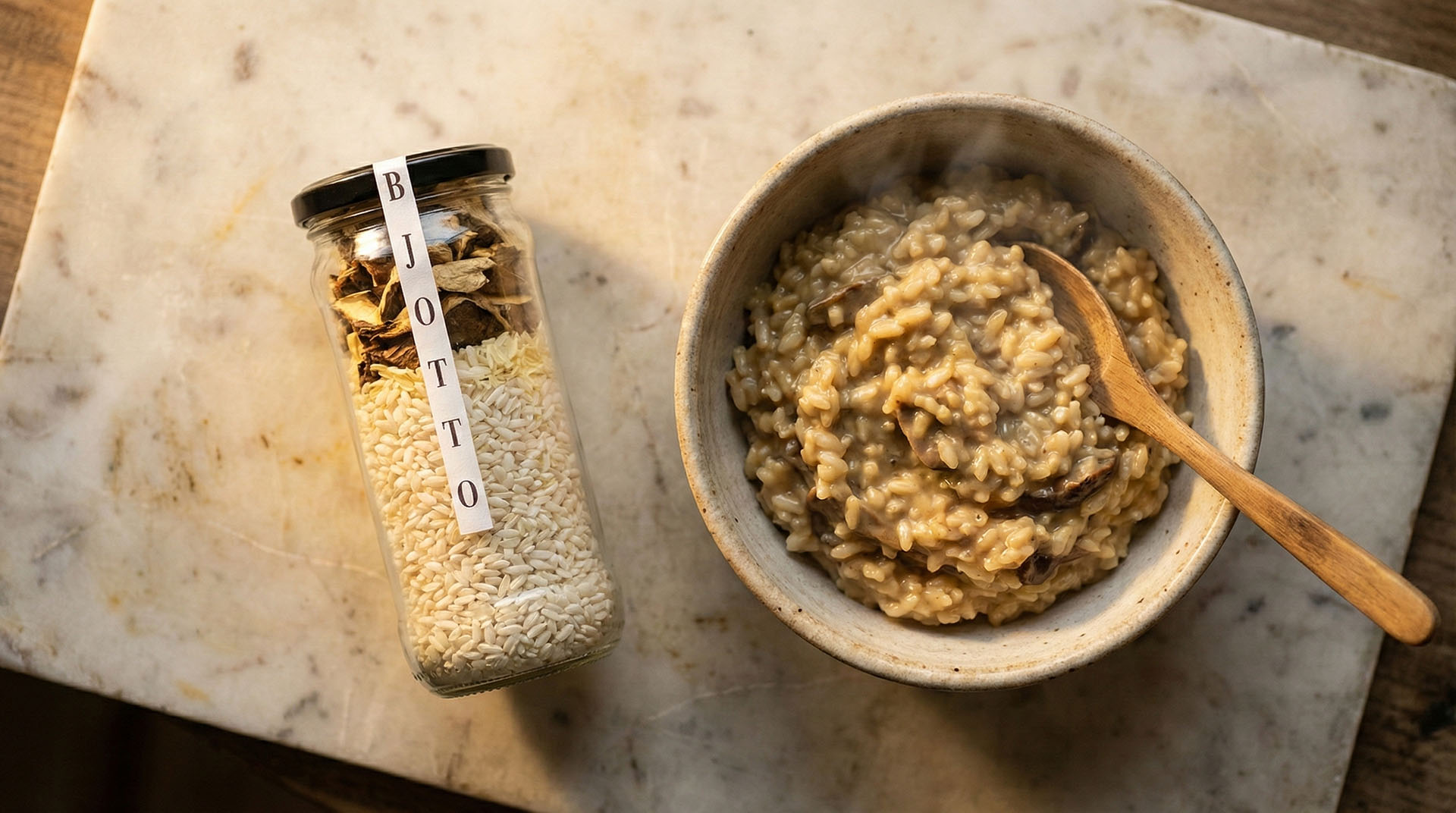 Bjotto Porcini Risotto Mix: Premium Carnaroli rice layered with Porcini mushrooms and onion in a glass bottle.