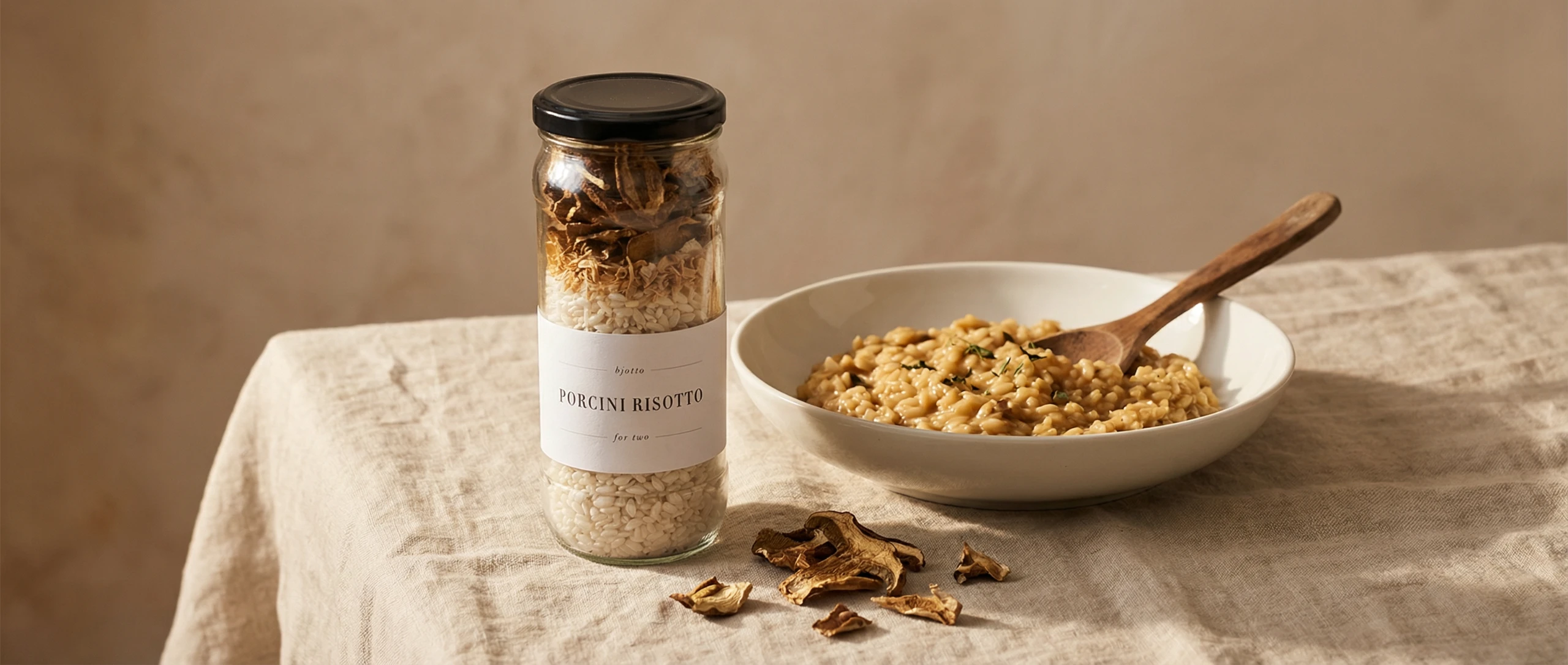 Bjotto porcini risotto jar beside a bowl of freshly made risotto